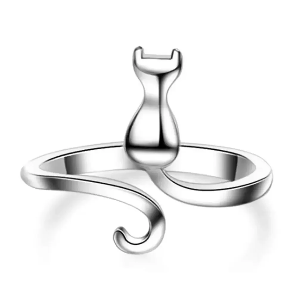 Silver Cat Ring Adjustable Open Band Animal Fashion Jewelry New